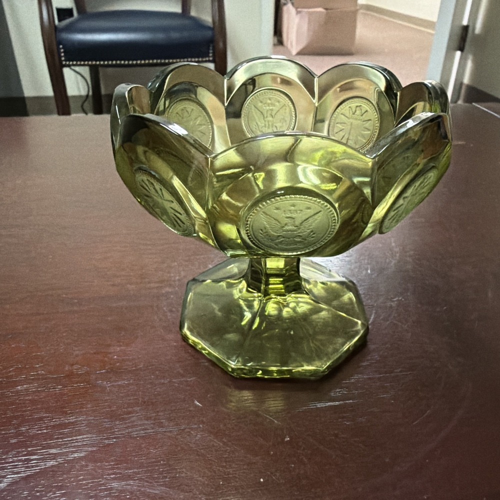 Fosteria Emerald Glass Compote/Coin Pattern/Vintage